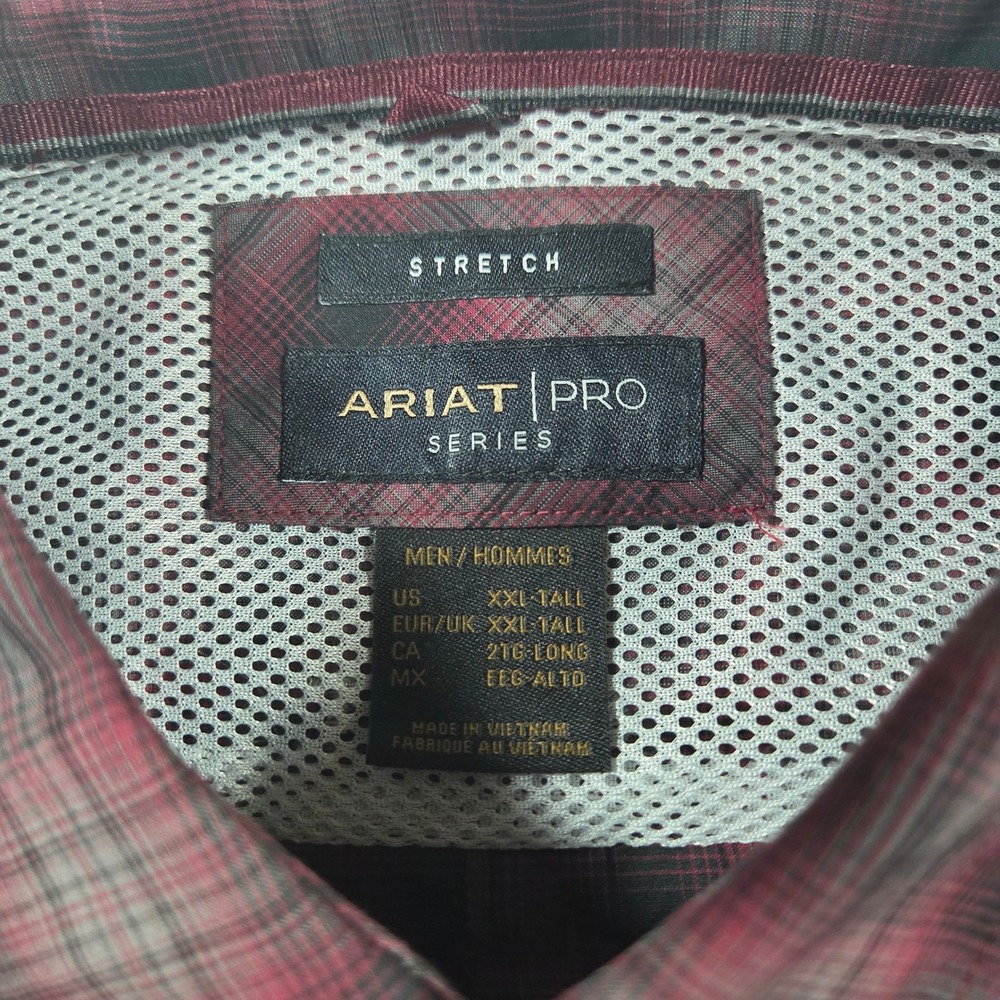 Ariat Pro Series Mens XXL Tall Burgundy Black Plaid Stretch Button Down Shirt - Picture 4 of 10